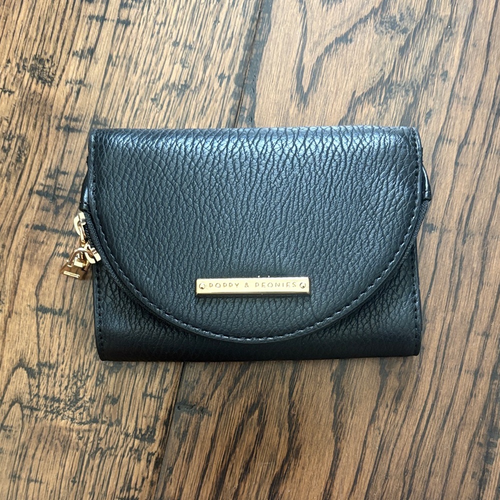 Poppy & Peonies Black Leather Compact Wallet